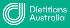 Dietitians Australia logo with white stylized D symbol and text on teal green background